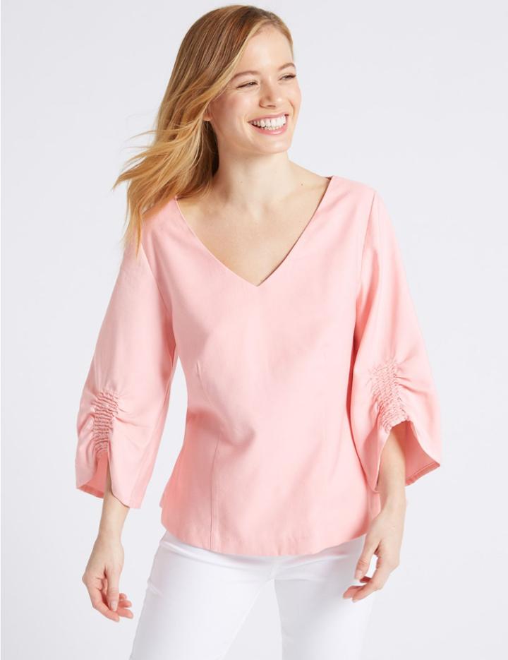 Marks & Spencer Petite Ruched Sleeve V-neck Blouse Rose Pink
