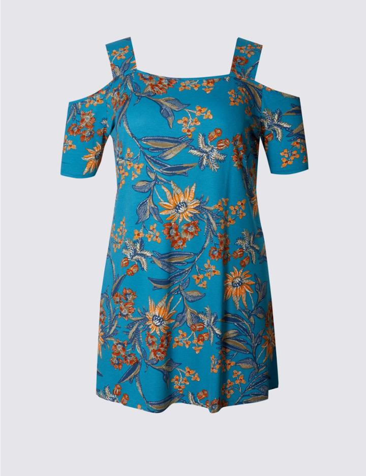Marks & Spencer Plus Floral Print Cold Shoulder Tunic Turquoise Mix