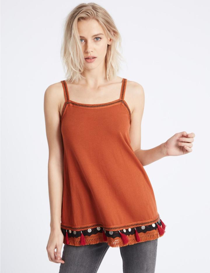 Marks & Spencer Pure Cotton Coin Detail Tassel Gypsy Top Orange