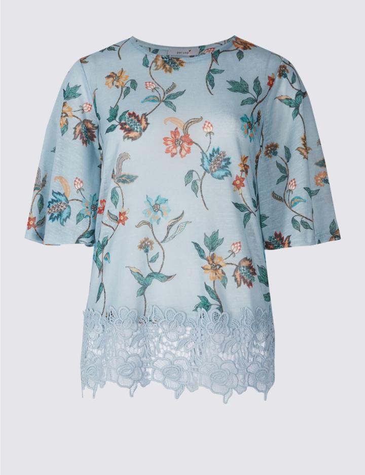 Marks & Spencer Floral Print Lace Insert T-shirt Light Blue