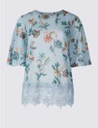 Marks & Spencer Floral Print Lace Insert T-shirt Light Blue