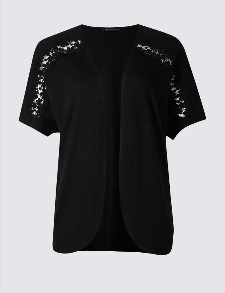 Marks & Spencer Plus Floral Trim Half Sleeve Cardigan Black