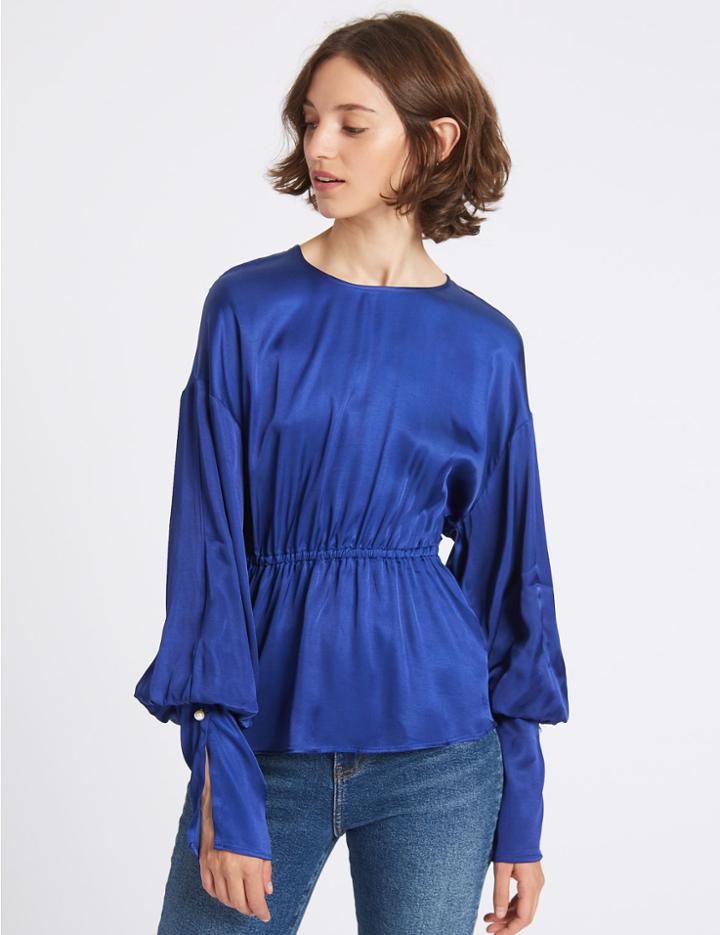 Marks & Spencer Satin Peplum Long Sleeve Shell Top Electric Blue