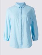Marks & Spencer Pure Cotton Hidden Placket 3/4 Sleeve Shirt Blue
