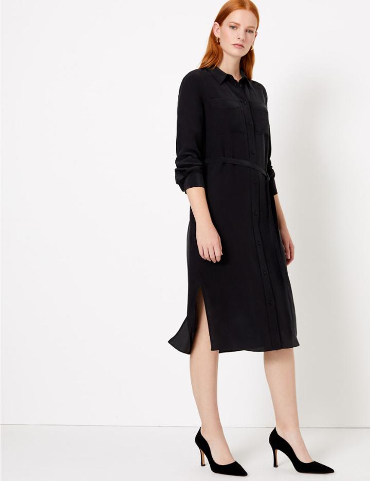Marks & Spencer Pure Silk Midi Shirt Dress Black
