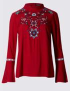Marks & Spencer Embroidered Turtle Neck Long Sleeve Blouse Red Mix