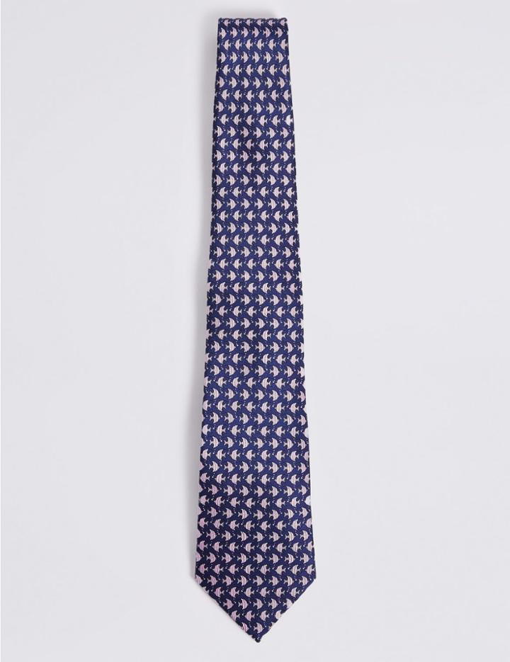 Marks & Spencer Pure Silk Flat Fish Tie Navy Mix
