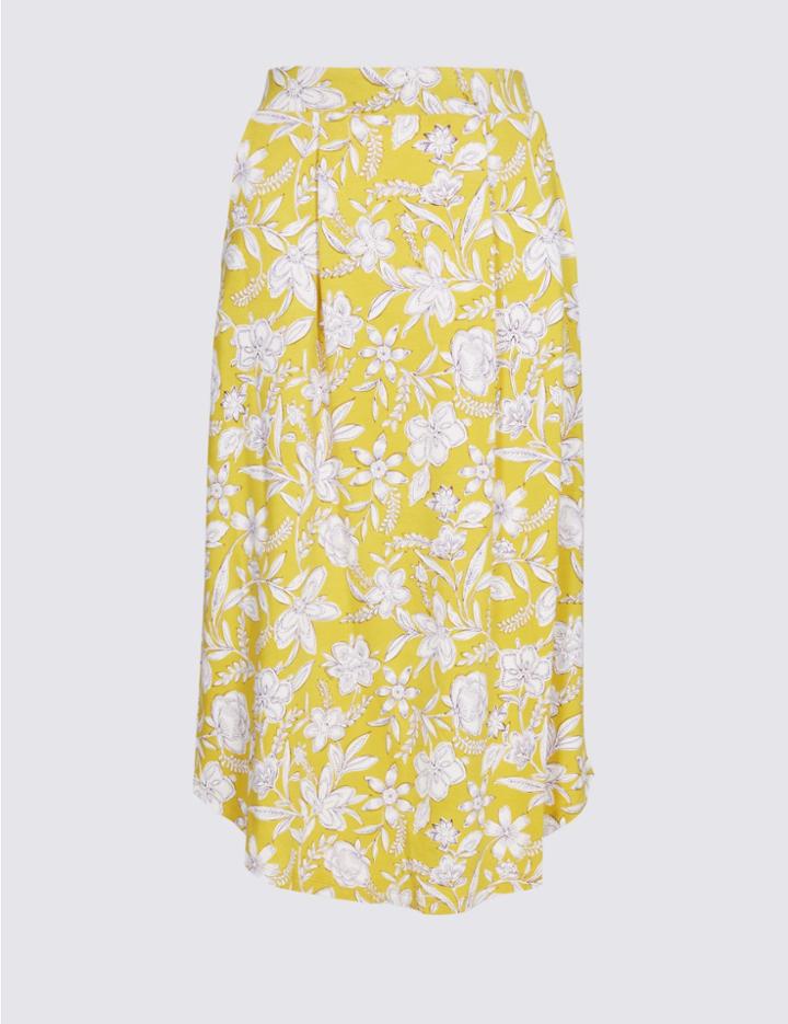 Marks & Spencer Floral Print Jersey A-line Midi Skirt Yellow Mix