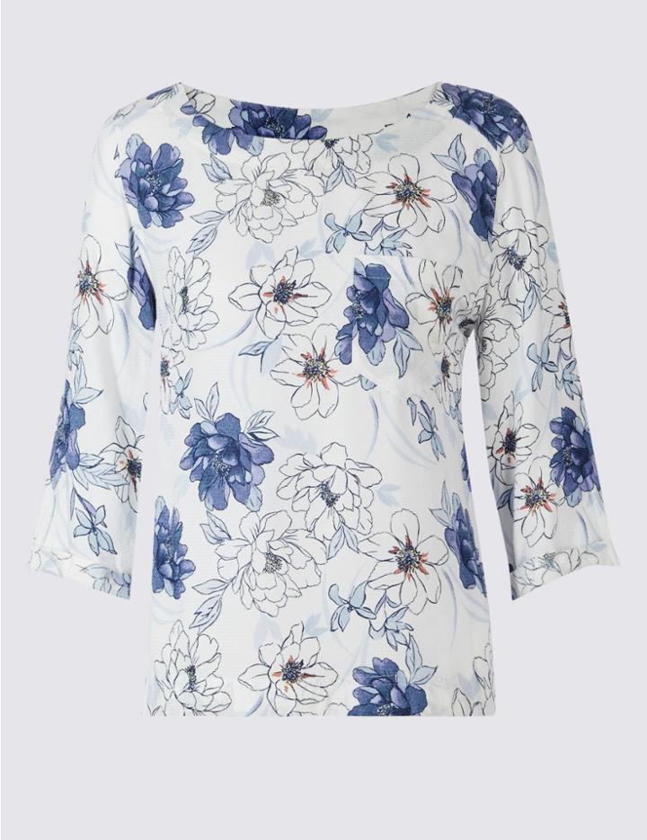 Marks & Spencer Floral Print 3/4 Sleeve Shell Top Blue Mix