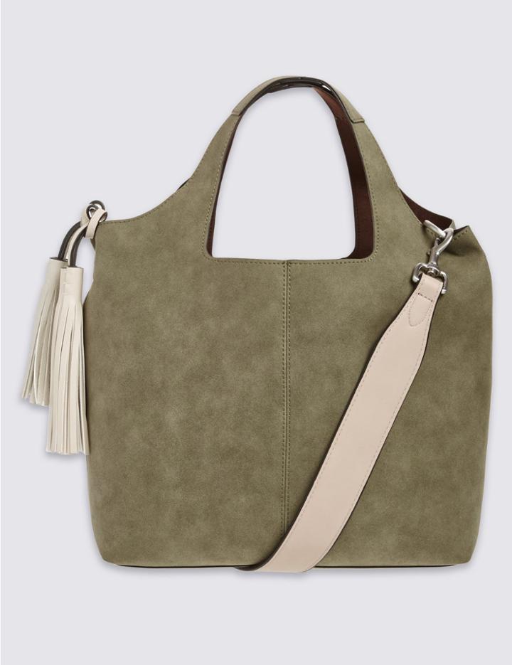 Marks & Spencer Faux Leather Tassel Shoulder Bag Khaki Mix