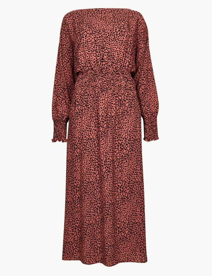 Marks & Spencer Animal Print Long Sleeve Waisted Midi Dress Terracotta Mix