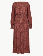 Marks & Spencer Animal Print Long Sleeve Waisted Midi Dress Terracotta Mix