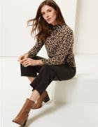 Marks & Spencer Cosy Animal Print Funnel Neck Top Brown Mix