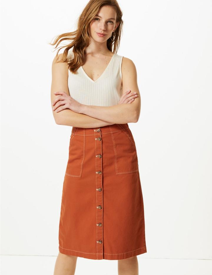 Marks & Spencer Pure Cotton A-line Midi Skirt Orange