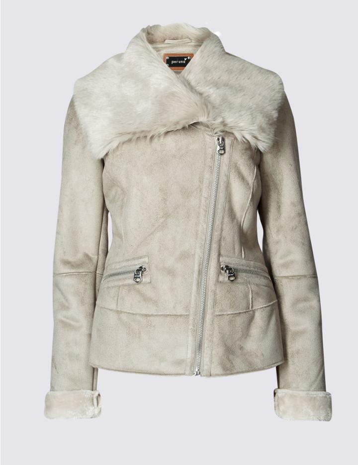 Marks & Spencer Shearling Faux Fur Collared Jacket Grey