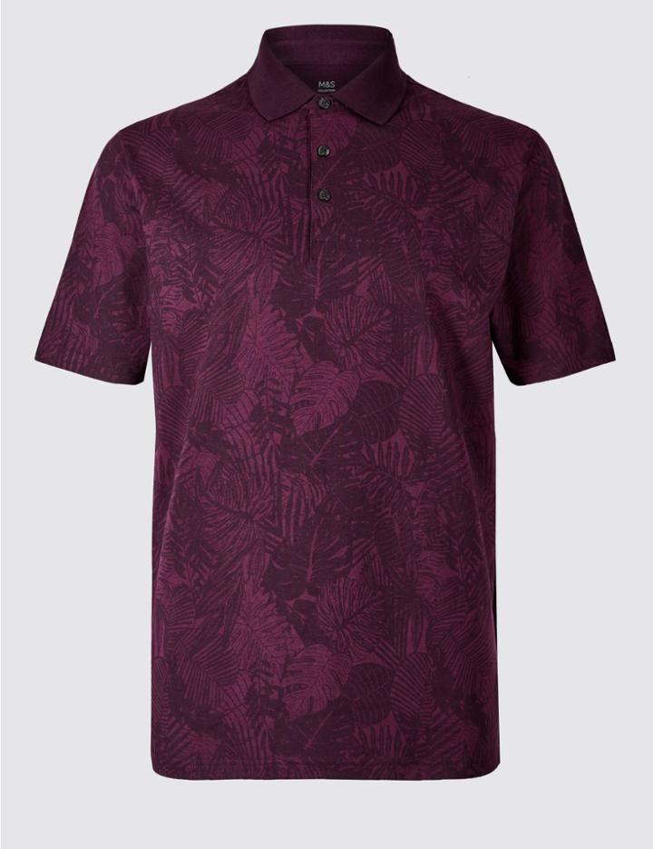 Marks & Spencer Pure Cotton Floral Print Polo Shirt Purple Mix