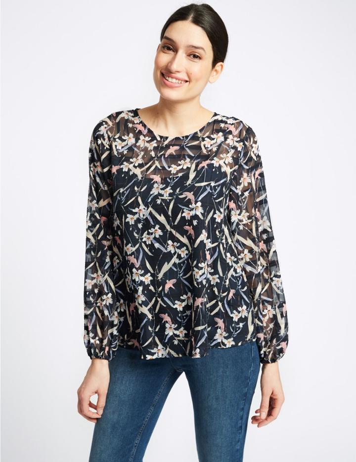 Marks & Spencer Bird Print Round Neck Long Sleeve Blouse Navy Mix