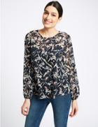 Marks & Spencer Bird Print Round Neck Long Sleeve Blouse Navy Mix