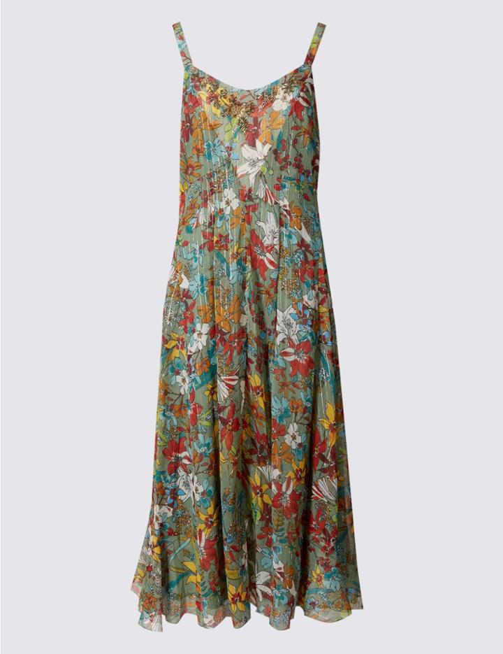 Marks & Spencer Floral Print Midi Dress Green Mix