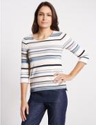Marks & Spencer Striped Round Neck 3/4 Sleeve Jersey Top Blush Pink