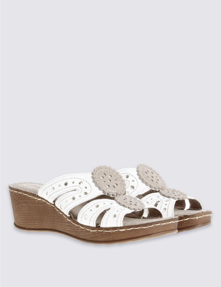 Marks & Spencer Wide Fit Leather Wedge Heel Slip-on Sandals White Mix