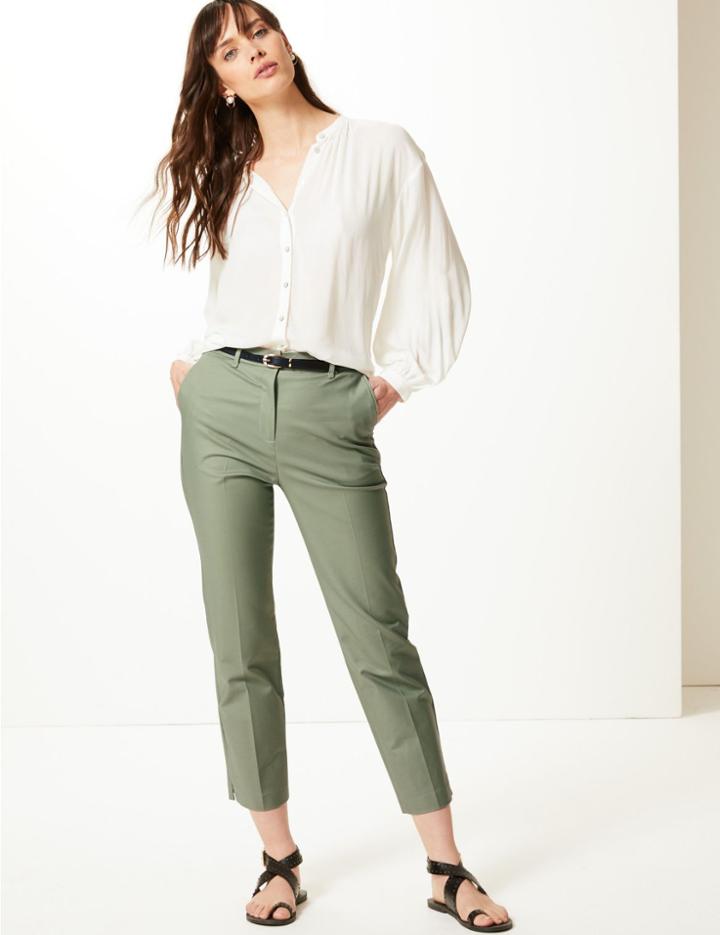 Marks & Spencer Belted Straight 7/8th Leg Trousers Light Khaki