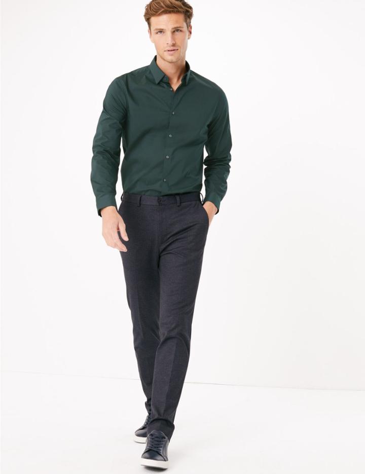 Marks & Spencer Cotton Rich Shirt With Stretch Petrol