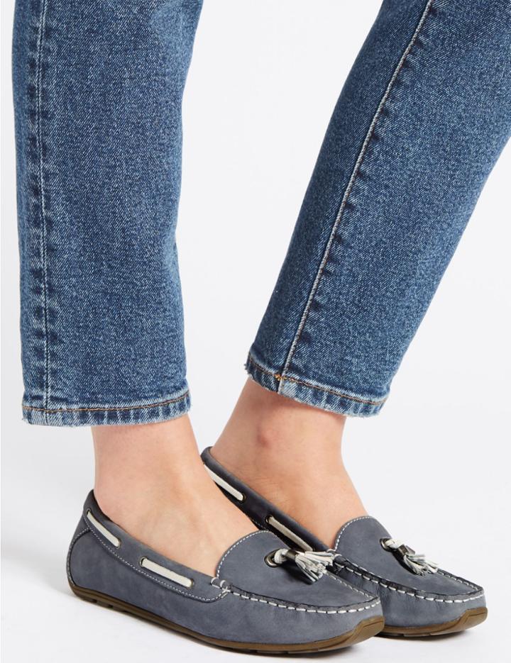 Marks & Spencer Wide Fit Leather Tassel Boat Shoes Pale Blue