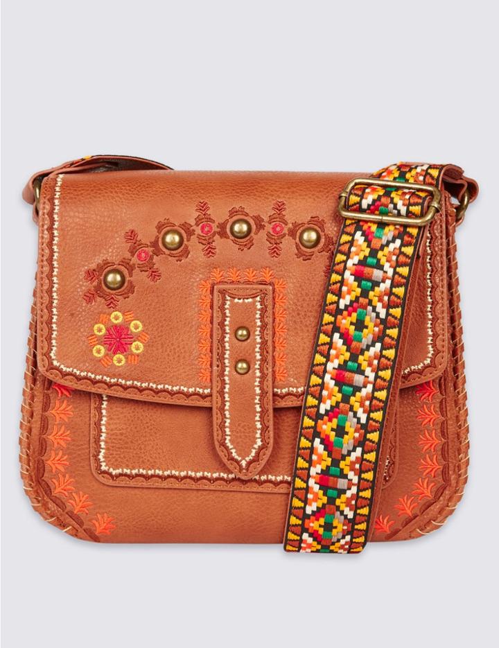 Marks & Spencer Faux Leather Embroidered Across Body Bag Tan