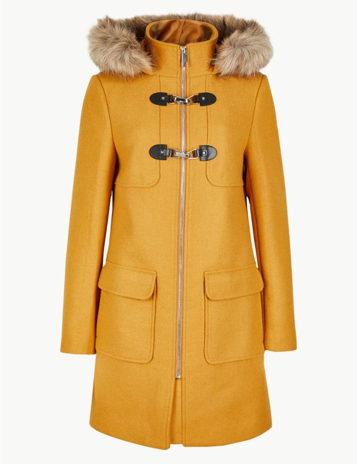 Marks & Spencer Faux Fur Duffle Coat Ochre