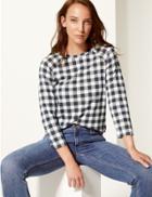 Marks & Spencer Checked Raglan Round Neck 3/4 Sleeve Top Navy Mix