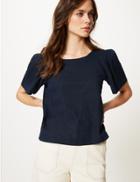 Marks & Spencer Linen Rich Round Neck Short Sleeve Blouse Navy