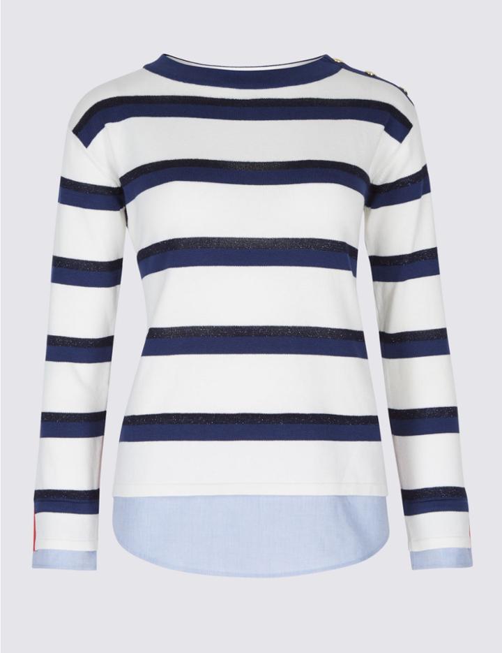 Marks & Spencer Cotton Rich Striped Round Neck Jumper Blue Mix
