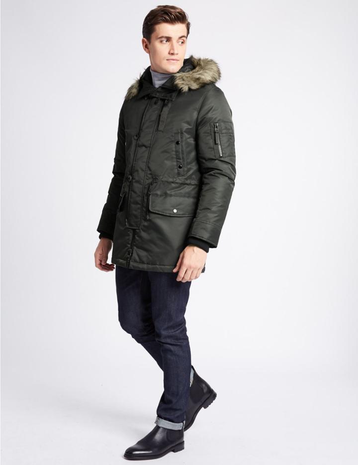 Marks & Spencer Faux Fur Parka Coat Dark Olive