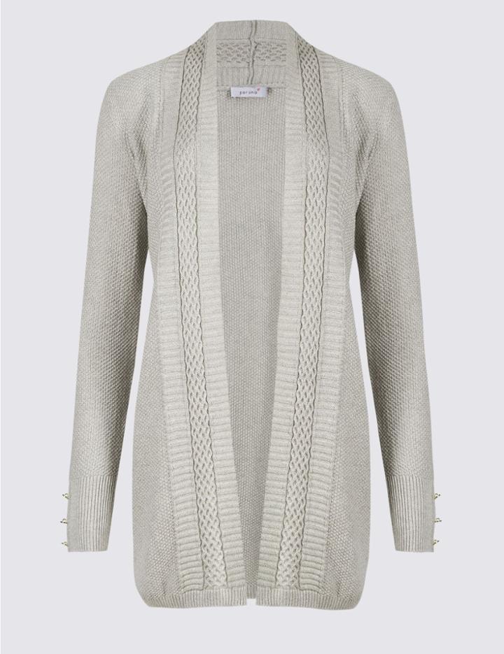 Marks & Spencer Cotton Blend Textured Stitch Detail Cardigan Mid Grey Marl