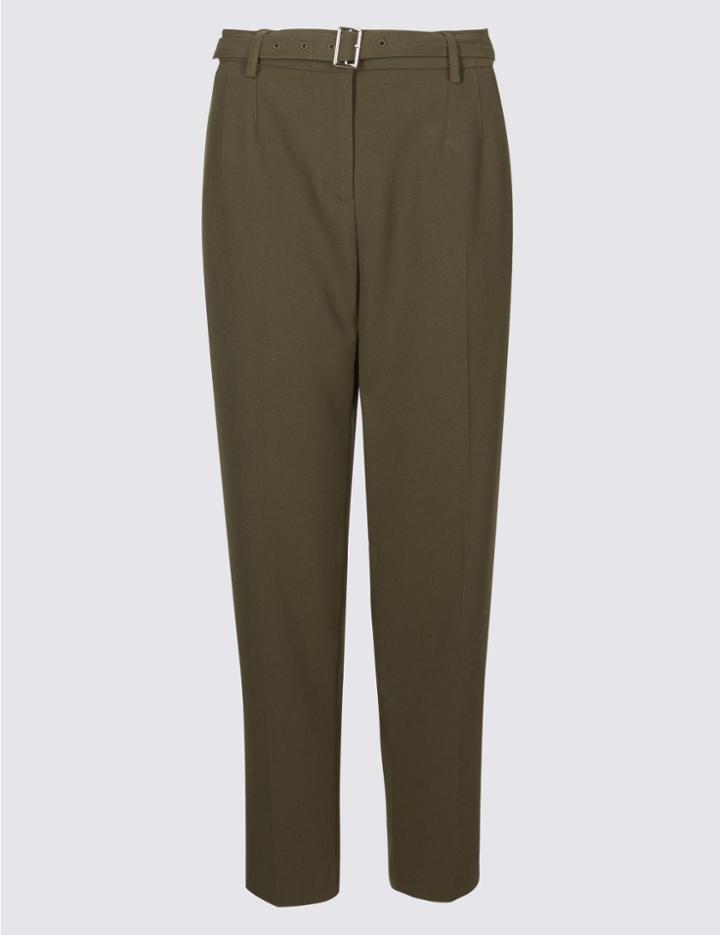 Marks & Spencer Belted Texture Tapered Leg Trousers Dark Olive
