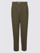 Marks & Spencer Belted Texture Tapered Leg Trousers Dark Olive