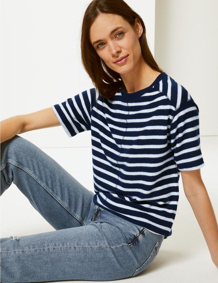 Marks & Spencer Striped Half Sleeve T-shirt Navy Mix