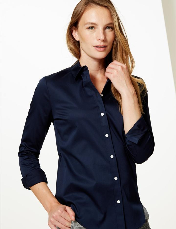 Marks & Spencer Cotton Rich Long Sleeve Shirt Navy