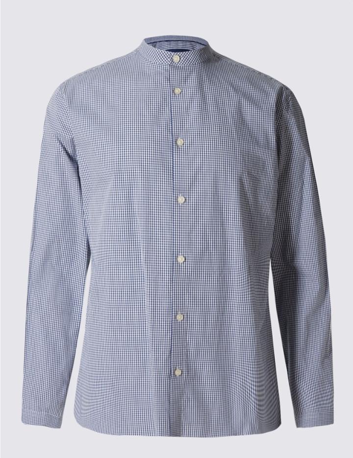 Marks & Spencer Long Sleeve Gingham Grandad Collar Shirt Navy
