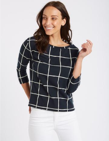 Marks & Spencer Checked Round Neck Long Sleeve Top Navy Mix