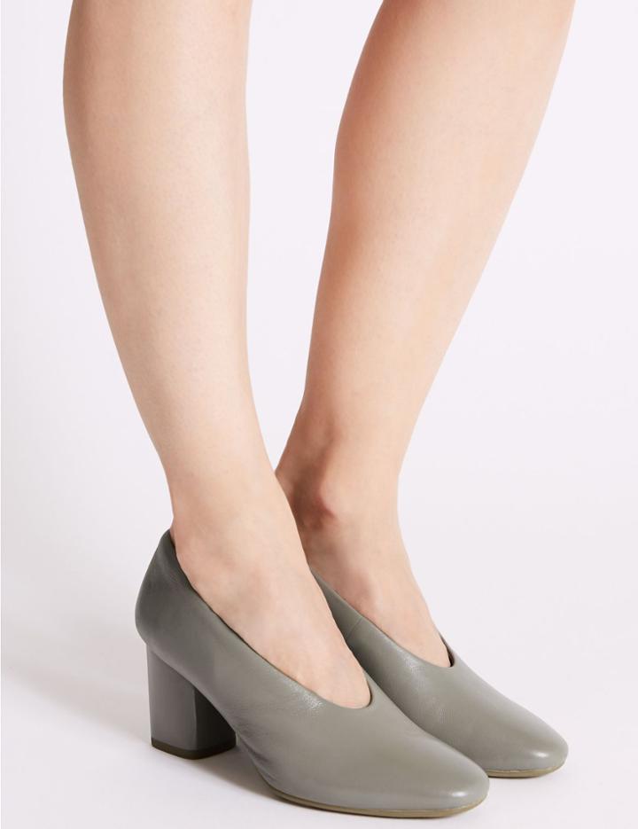 Marks & Spencer Leather Block Heel Court Shoes Grey