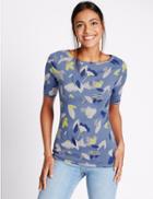 Marks & Spencer Pure Cotton Floral Print Slash Neck T-shirt Denim Mix