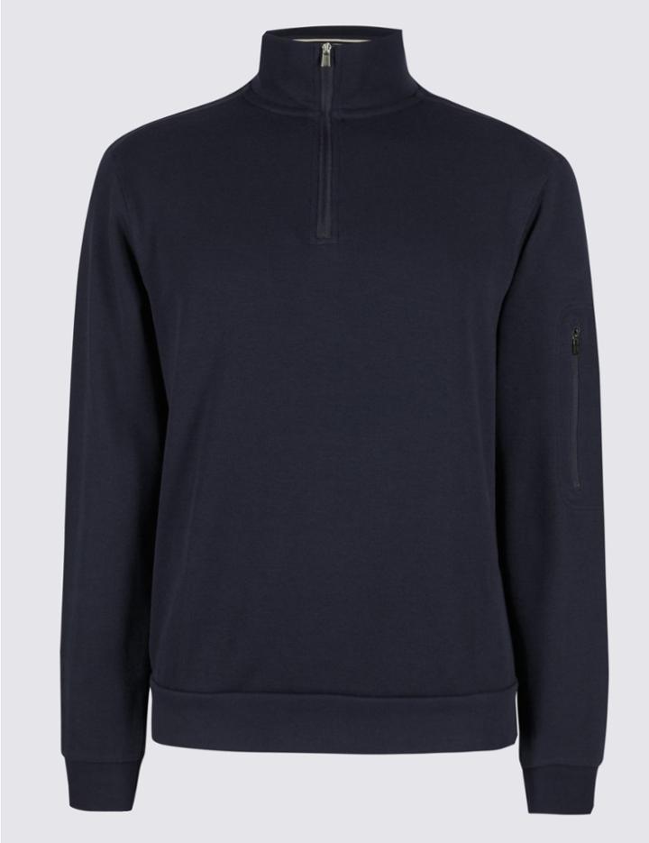 Marks & Spencer Pure Cotton Half Zipped Top Navy