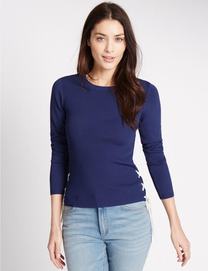 Marks & Spencer Eyelet Side Ribbed Jumper Rich Blue