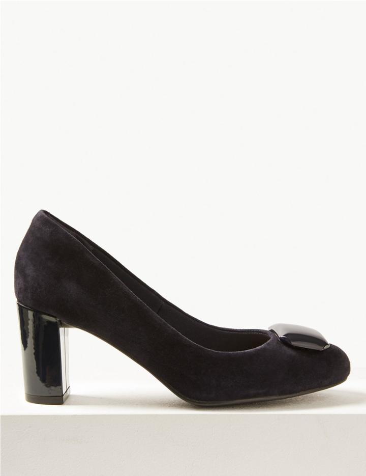 Marks & Spencer Suede Almond Toe Trim Court Shoes Navy