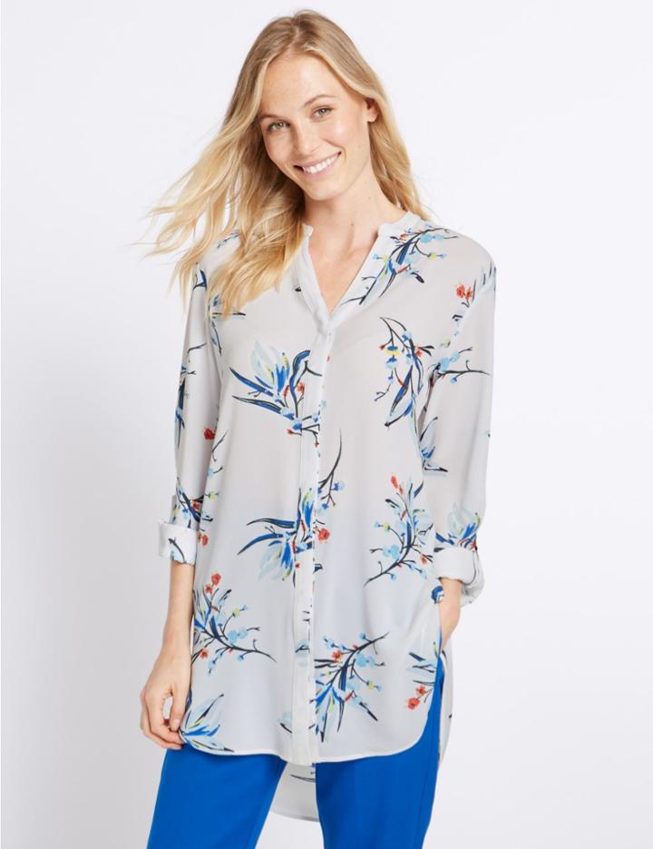 Marks & Spencer Floral Print Notch Neck Long Sleeve Tunic Ivory Mix