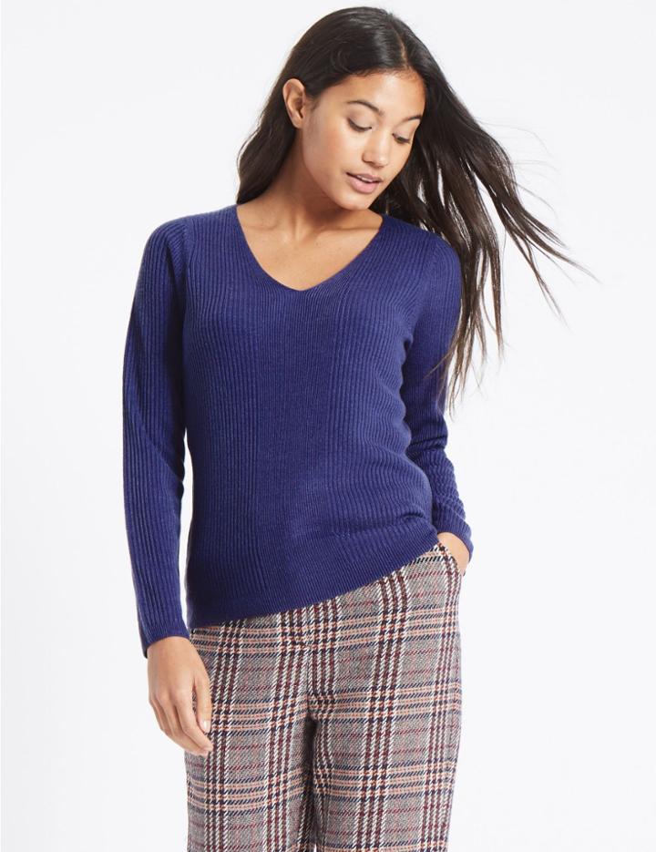 Marks & Spencer Soft Ribbed V-neck Jumper Blue