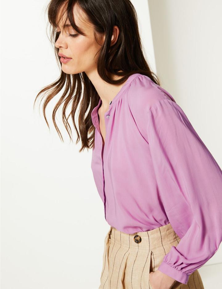 Marks & Spencer Collarless Long Blouson Sleeve Blouse Pale Mauve