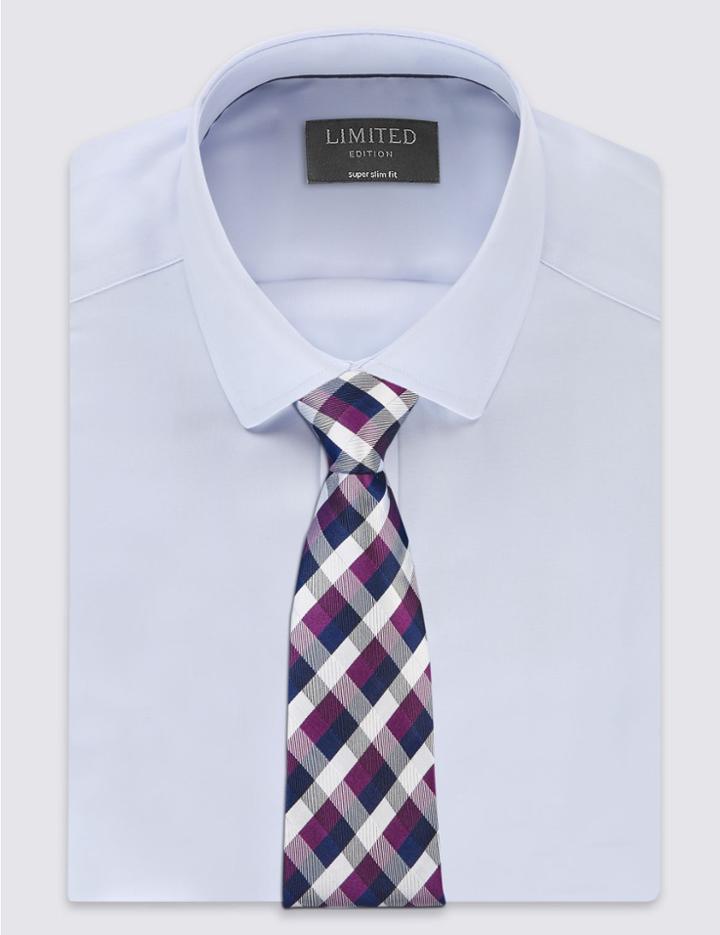 Marks & Spencer Pure Silk Gingham Checked Tie Magenta